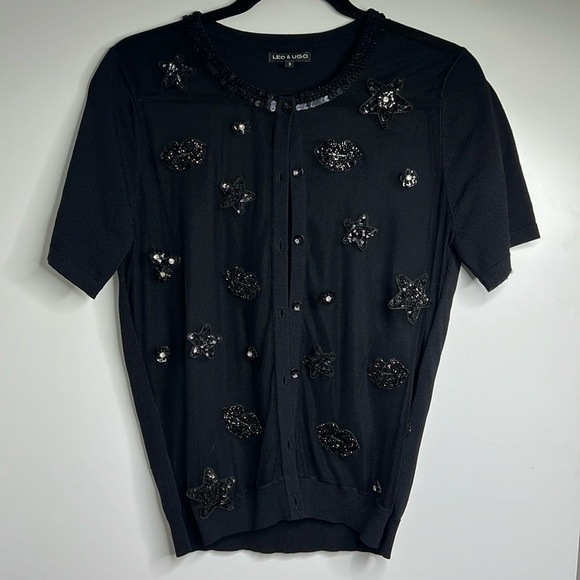 Leo & Ugo Size 3 Medium Sheer Front Beaded Patches Short Sleeve Cardigan - Picture 3 of 7
